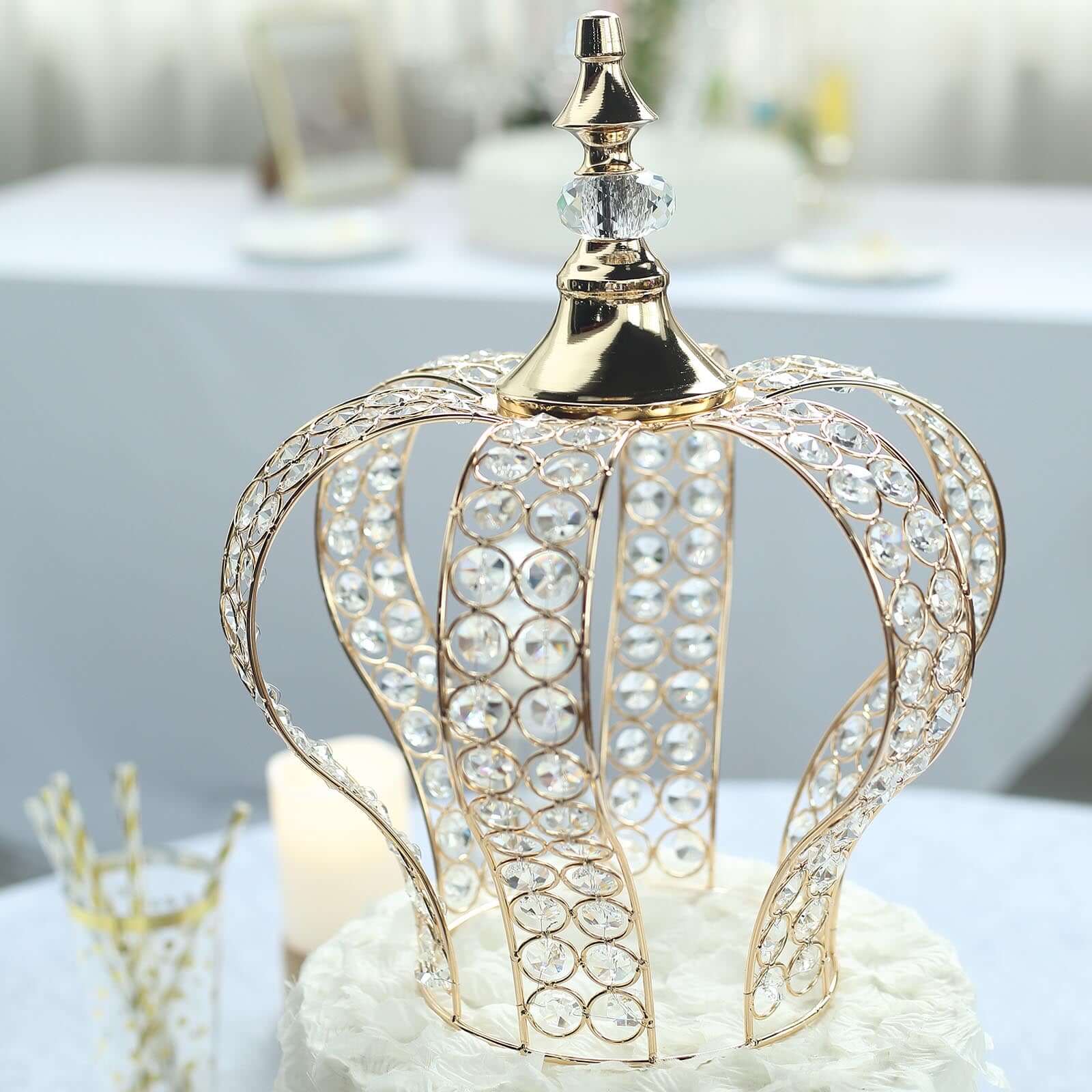 Crystal - Bead Royal Crown Cake Topper Metallic Gold - Dazzling Cake Centerpiece Decor for Luxurious Birthdays Receptions & Romantic Celebrations 14" - Linen Luxes