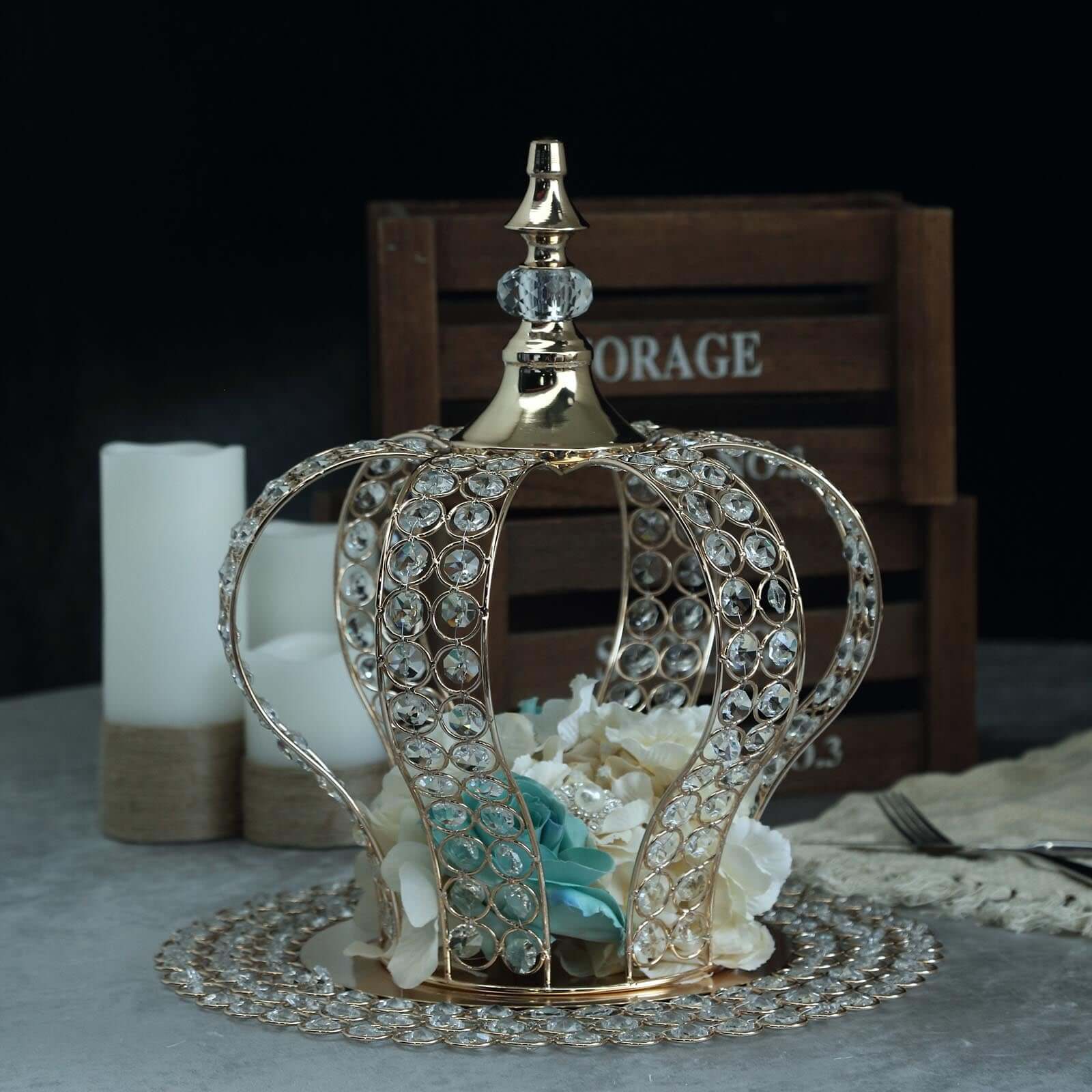 Crystal - Bead Royal Crown Cake Topper Metallic Gold - Dazzling Cake Centerpiece Decor for Luxurious Birthdays Receptions & Romantic Celebrations 14" - Linen Luxes