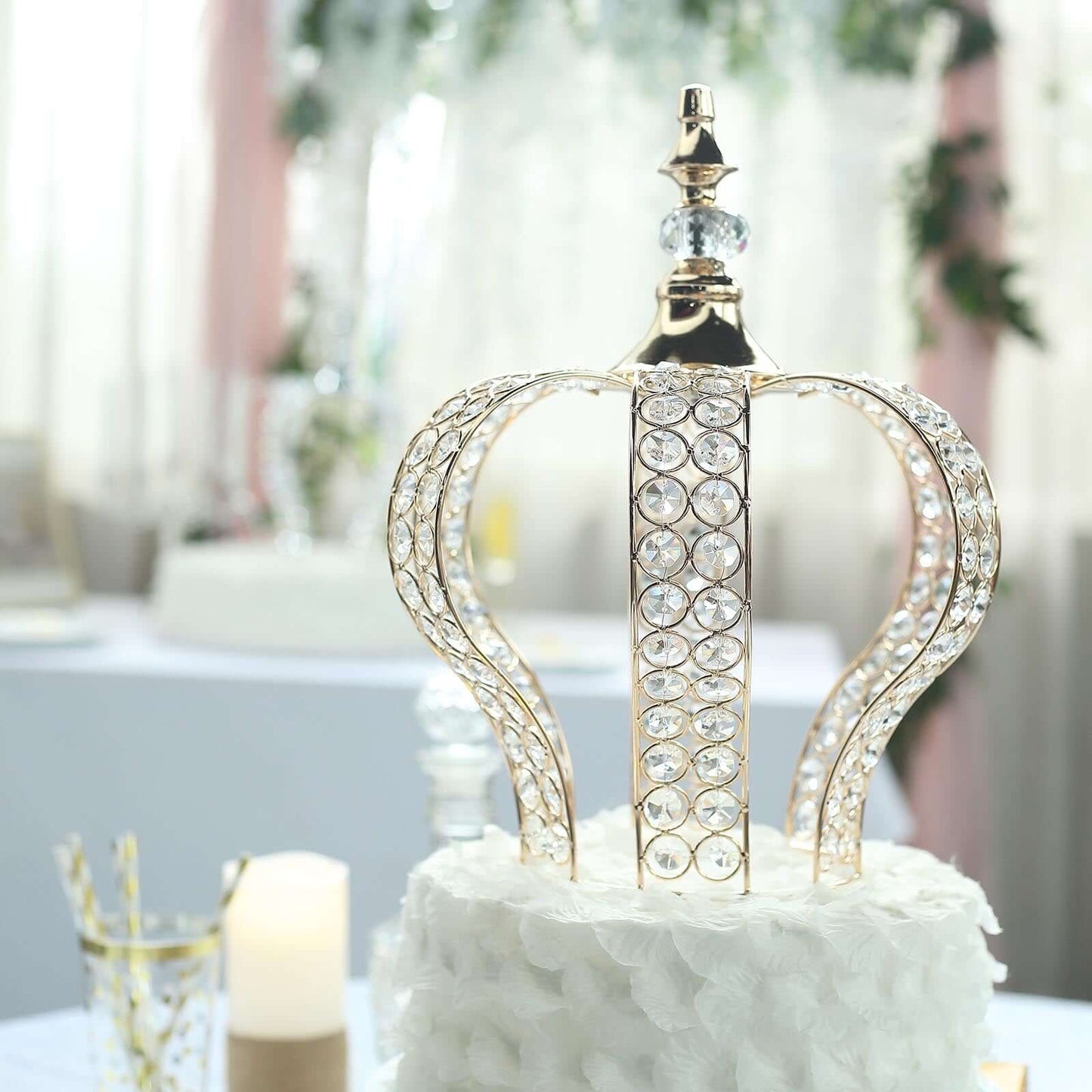 Crystal - Bead Royal Crown Cake Topper Metallic Gold - Dazzling Cake Centerpiece Decor for Luxurious Birthdays Receptions & Romantic Celebrations 14" - Linen Luxes