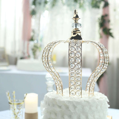 Crystal - Bead Royal Crown Cake Topper Metallic Gold - Dazzling Cake Centerpiece Decor for Luxurious Birthdays Receptions & Romantic Celebrations 14" - Linen Luxes