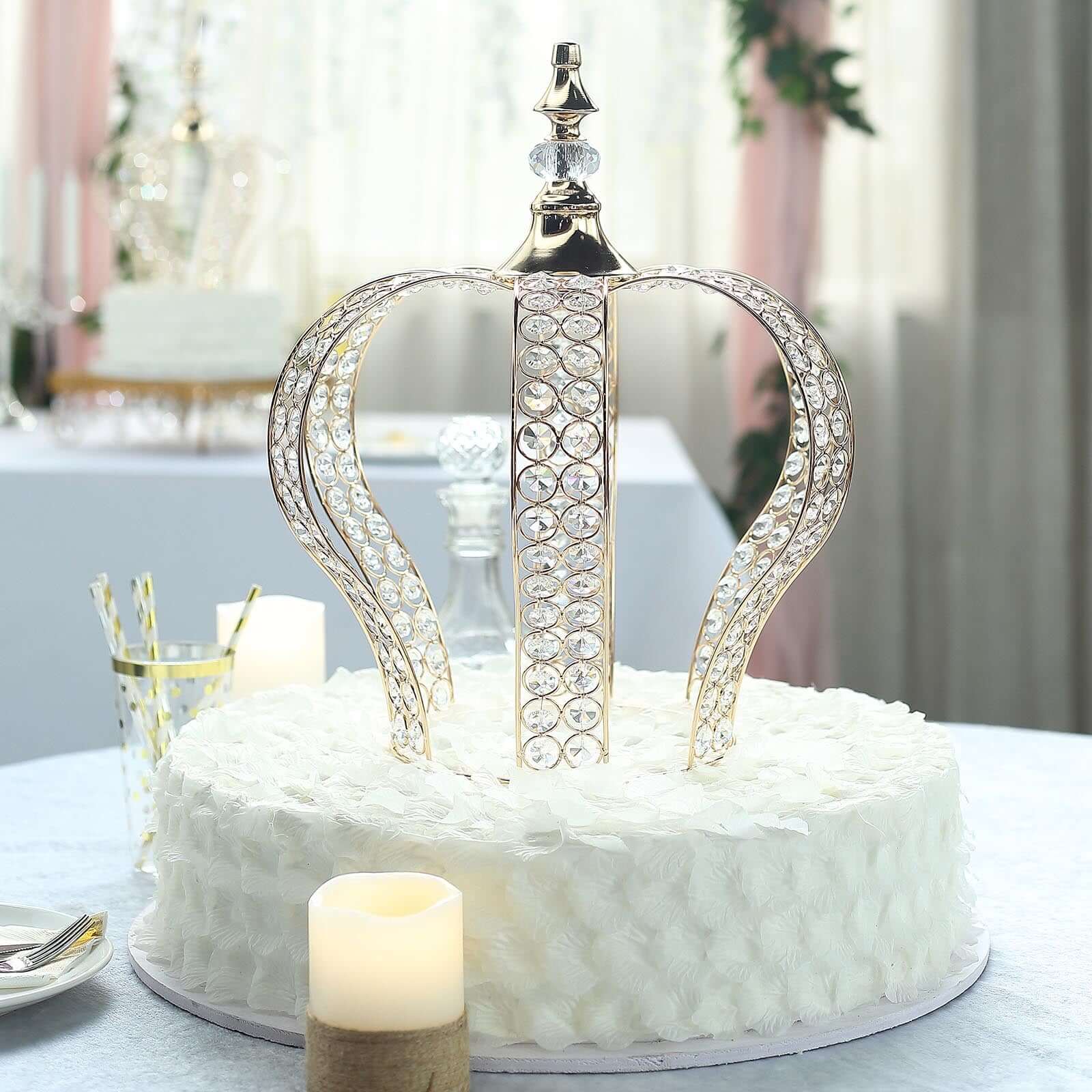 Crystal - Bead Royal Crown Cake Topper Metallic Gold - Themed Baby Showers Cakes & Event Centerpieces 16" - Linen Luxes