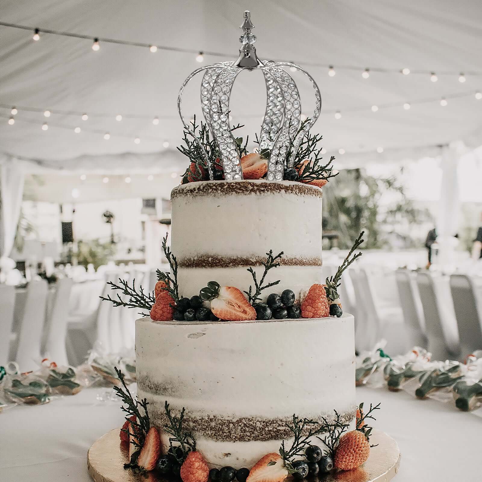 Crystal - Bead Royal Crown Cake Topper Metallic Silver - Dazzling Cake Centerpiece Decor for Luxurious Birthdays Receptions & Romantic Celebrations 14" - Linen Luxes