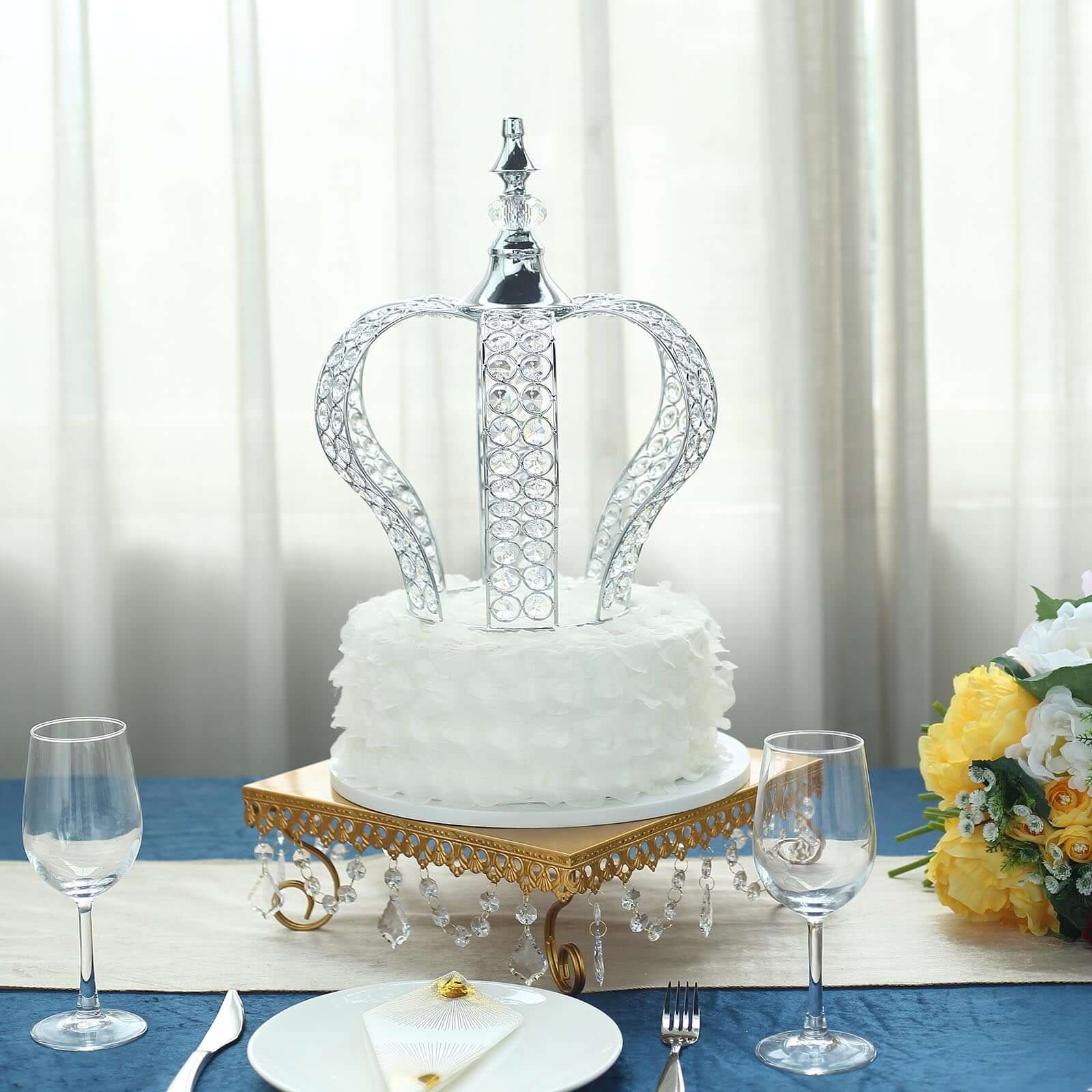 Crystal - Bead Royal Crown Cake Topper Metallic Silver - Dazzling Cake Centerpiece Decor for Luxurious Birthdays Receptions & Romantic Celebrations 14" - Linen Luxes