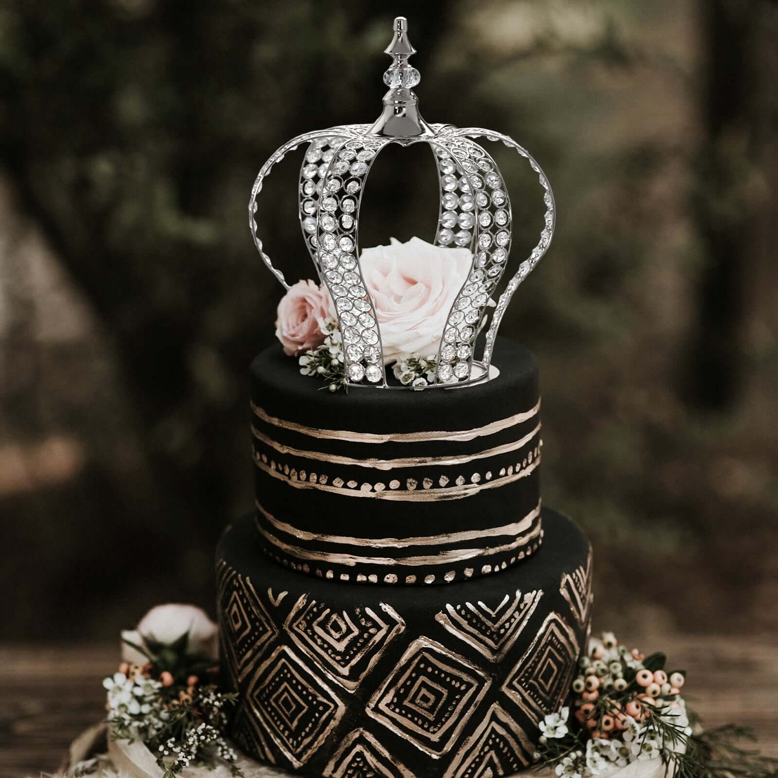 Crystal - Bead Royal Crown Cake Topper Metallic Silver - Dazzling Cake Centerpiece Decor for Luxurious Birthdays Receptions & Romantic Celebrations 14" - Linen Luxes