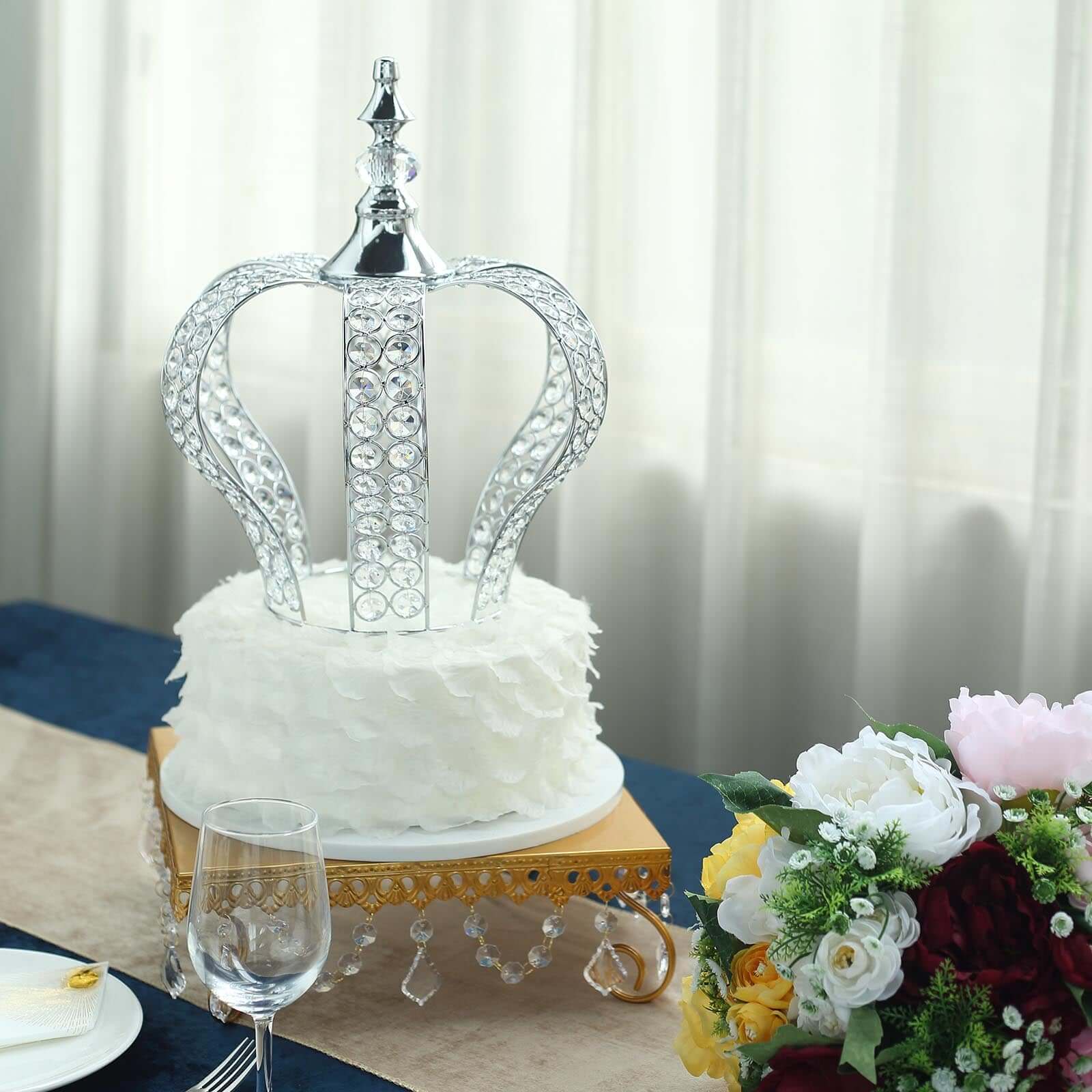 Crystal - Bead Royal Crown Cake Topper Metallic Silver - Dazzling Cake Centerpiece Decor for Luxurious Birthdays Receptions & Romantic Celebrations 14" - Linen Luxes