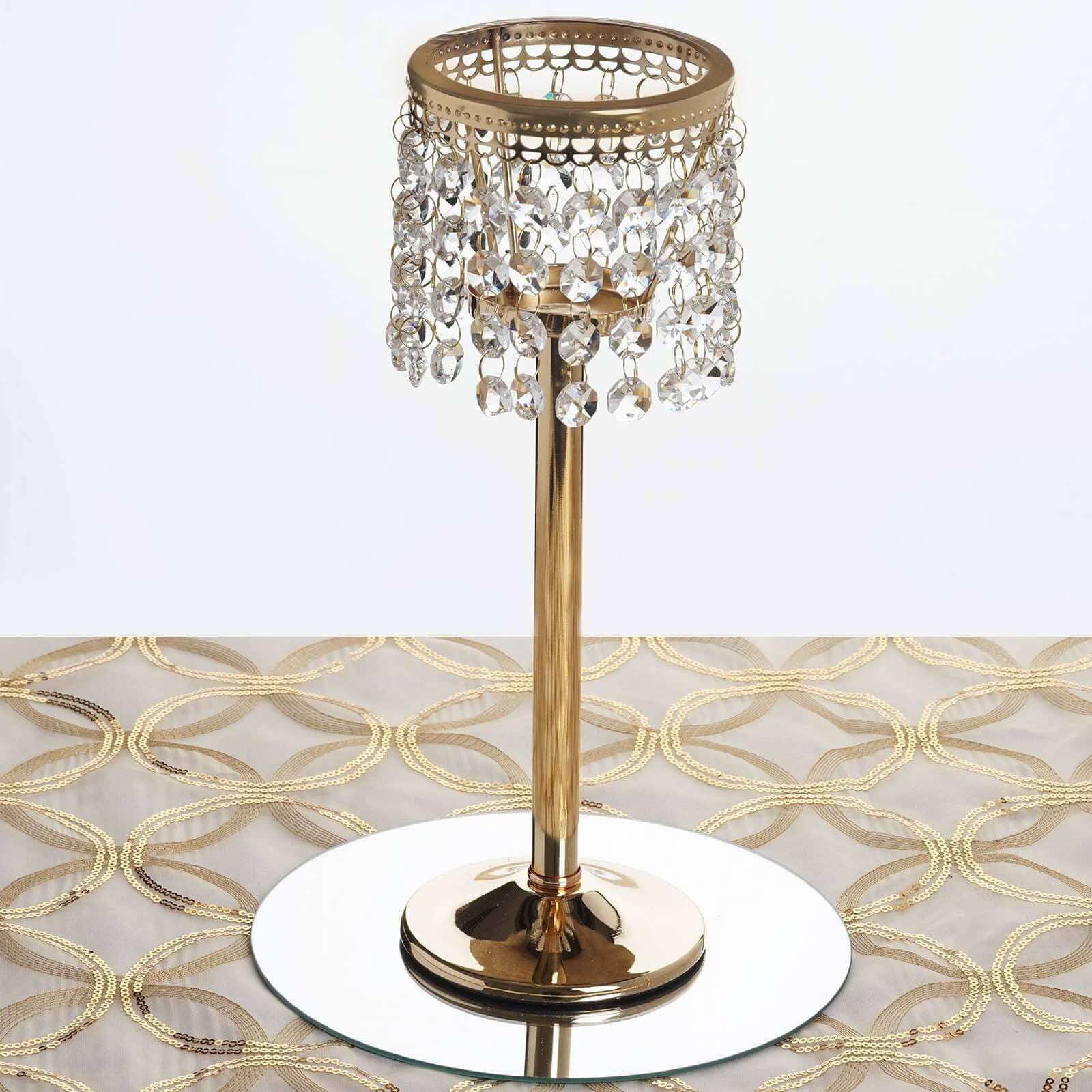 Crystal Beaded Chandelier Metal Candle Holder Gold - Sophisticated Pillar Tealight Stand 12" - Linen Luxes