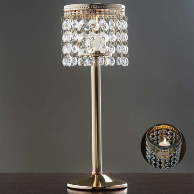Crystal Beaded Chandelier Metal Candle Holder Gold - Sophisticated Pillar Tealight Stand 12" - Linen Luxes