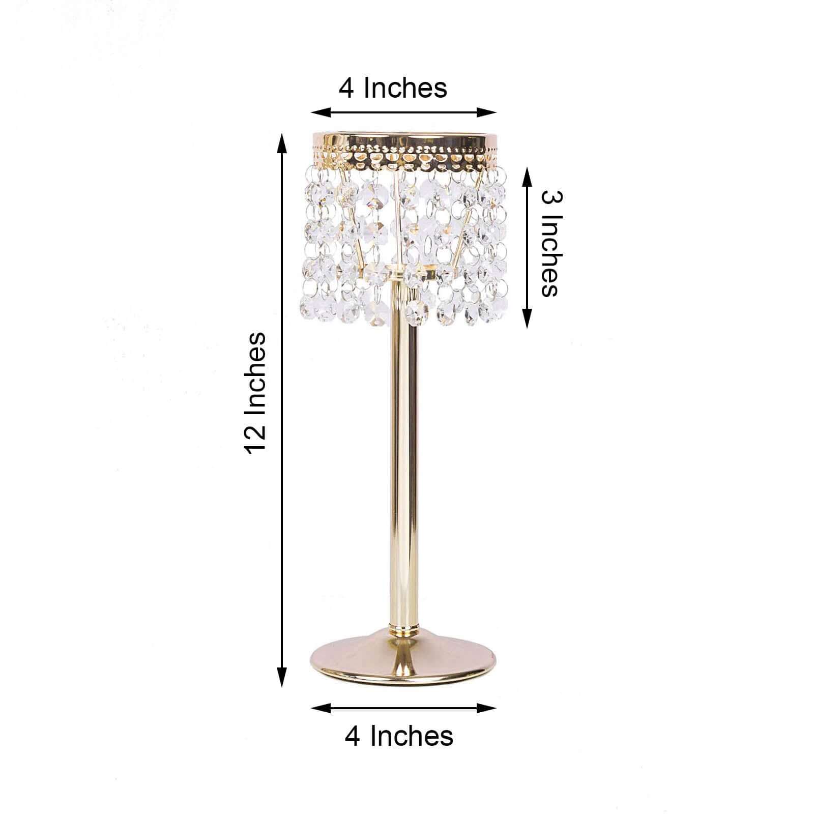 Crystal Beaded Chandelier Metal Candle Holder Gold - Sophisticated Pillar Tealight Stand 12" - Linen Luxes