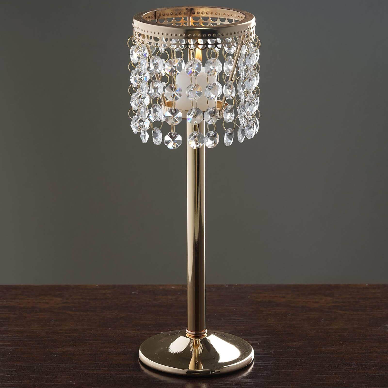 Crystal Beaded Chandelier Metal Candle Holder Gold - Sophisticated Pillar Tealight Stand 12" - Linen Luxes