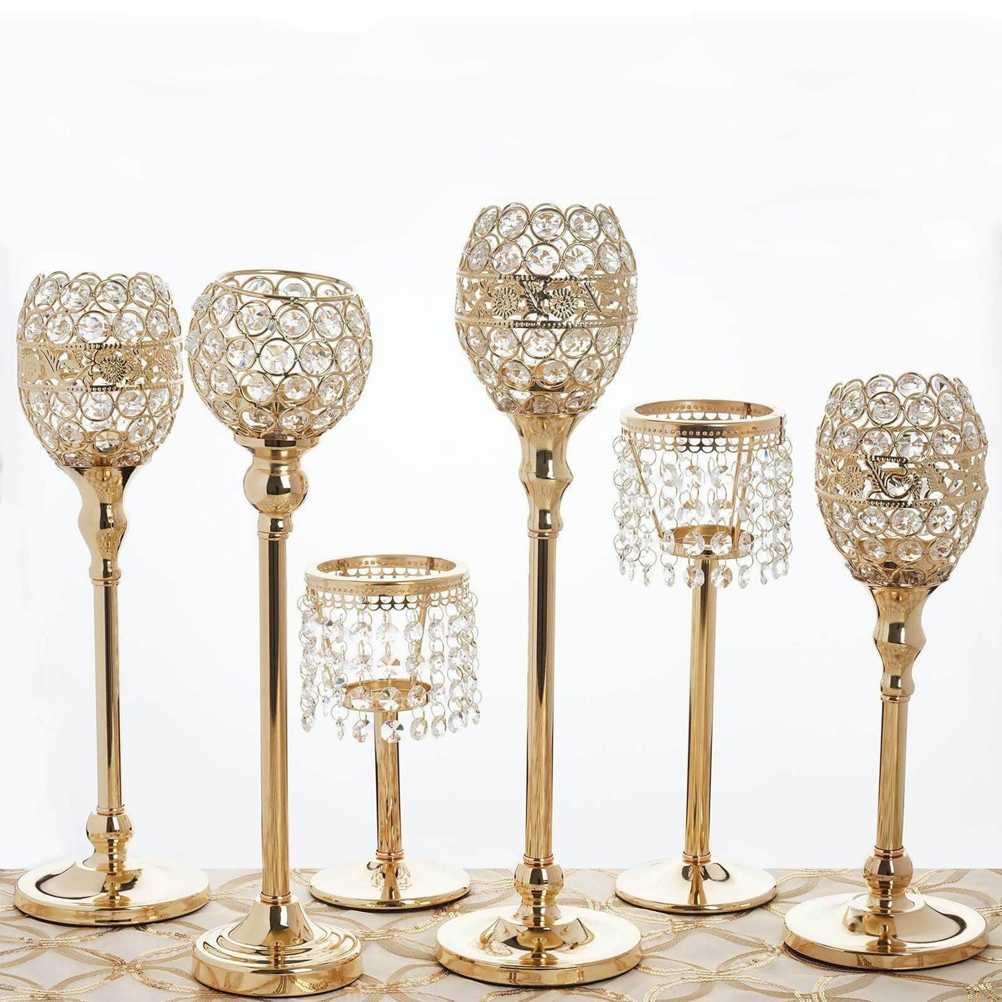 Crystal Beaded Chandelier Metal Candle Holder Gold - Sophisticated Pillar Tealight Stand 12" - Linen Luxes