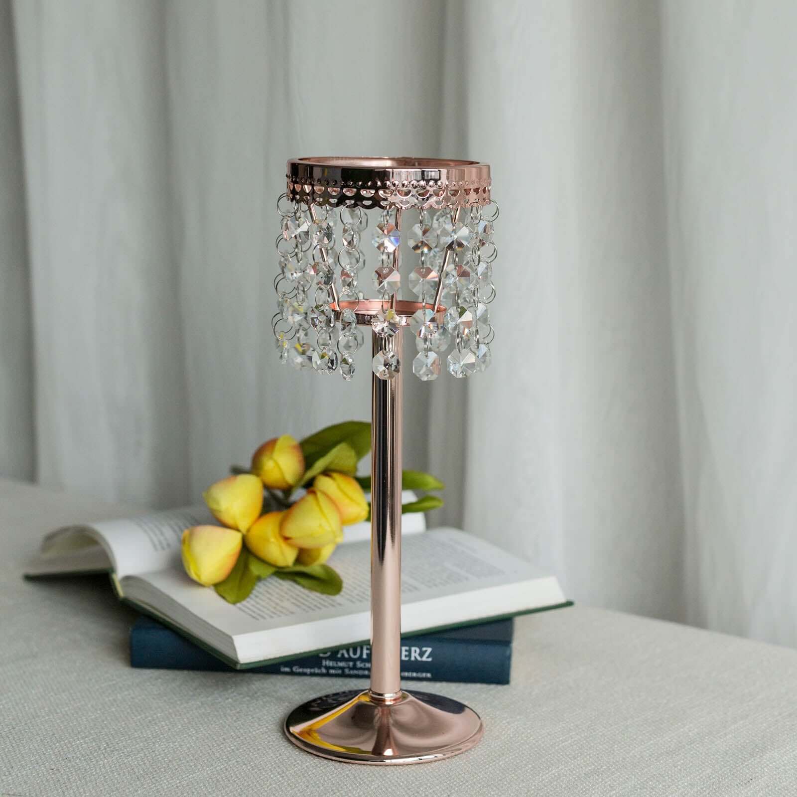 Crystal Beaded Chandelier Metal Candle Holder Rose Gold - Sophisticated Pillar Tealight Stand 12" - Linen Luxes