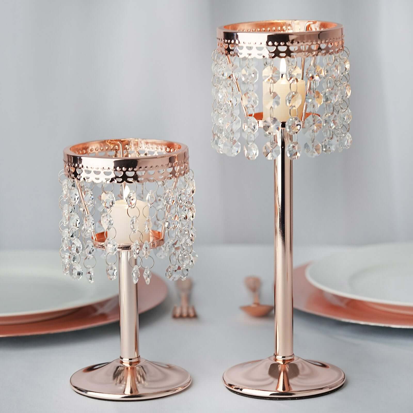 Crystal Beaded Chandelier Metal Candle Holder Rose Gold - Sophisticated Pillar Tealight Stand 12" - Linen Luxes