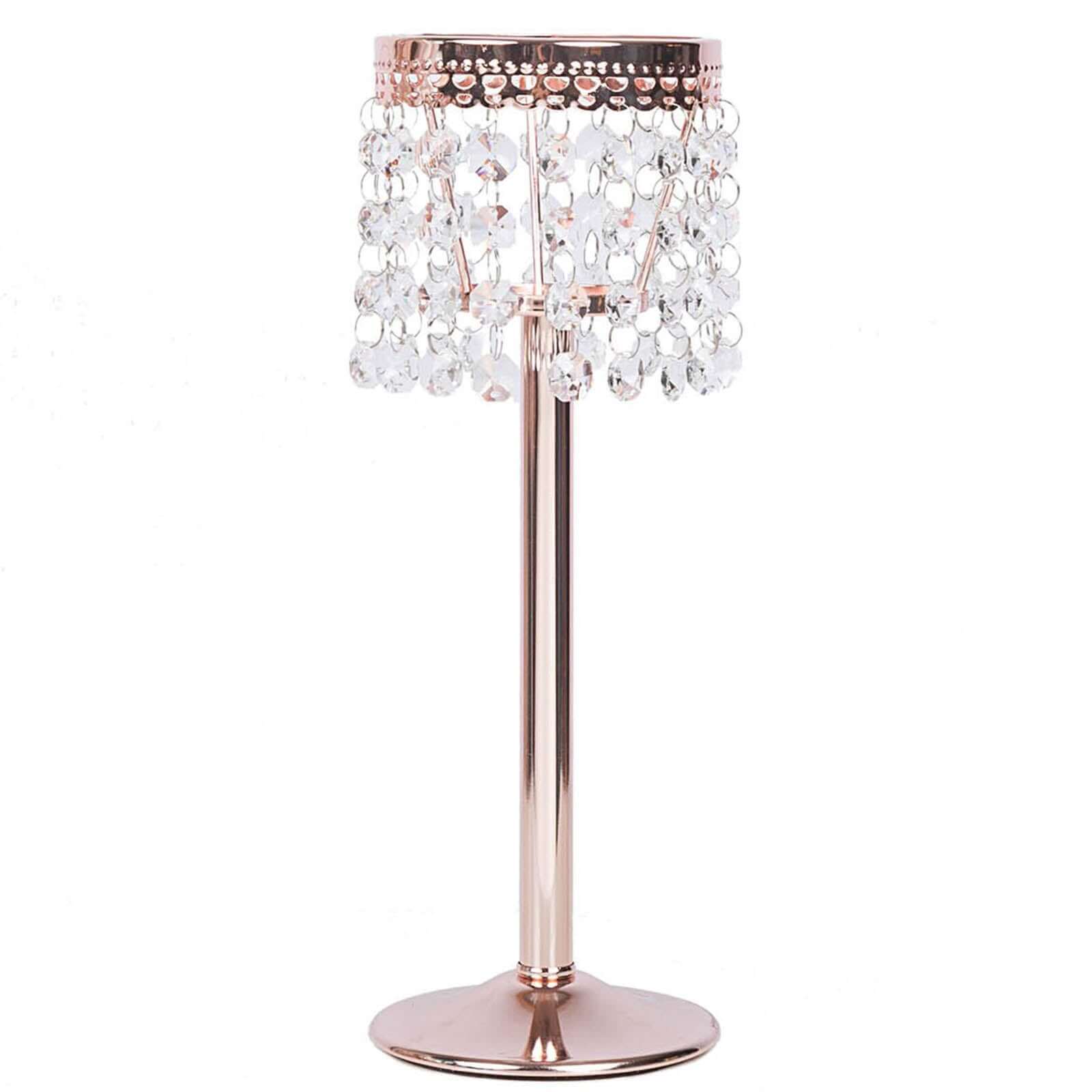 Crystal Beaded Chandelier Metal Candle Holder Rose Gold - Sophisticated Pillar Tealight Stand 12" - Linen Luxes