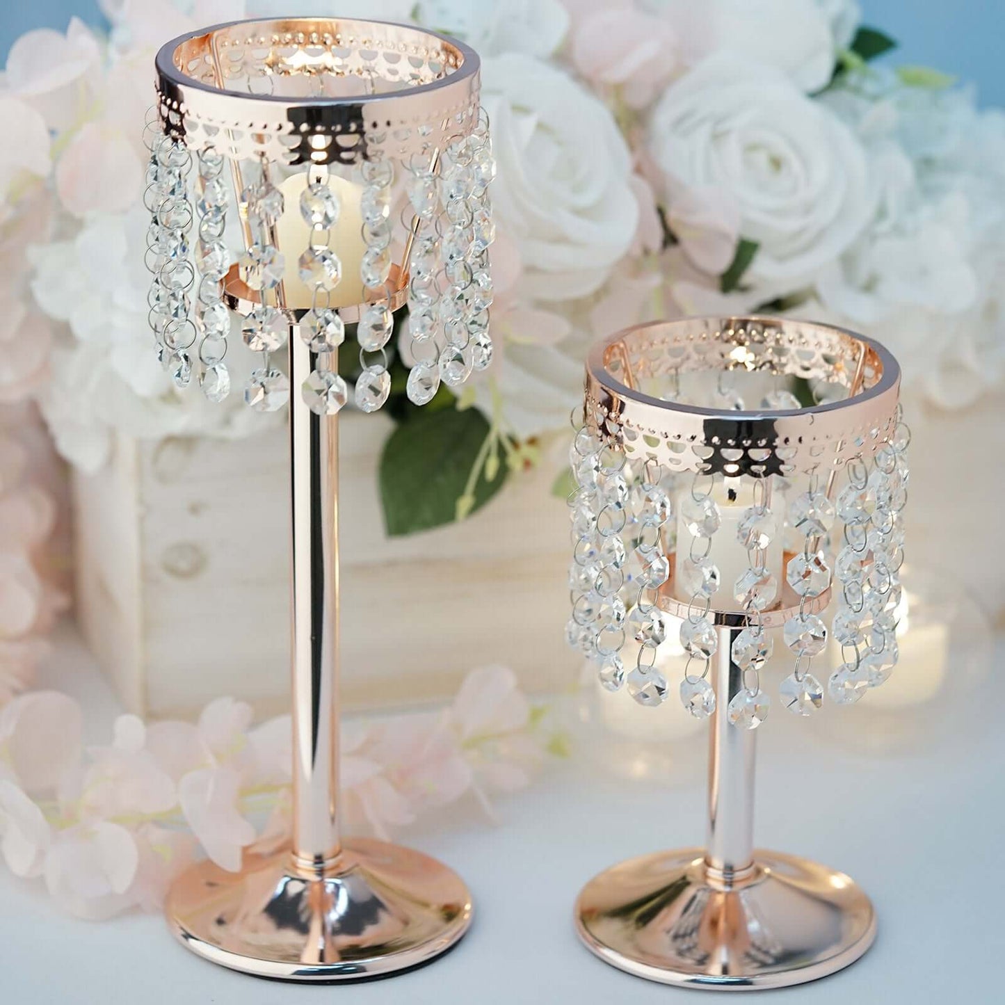 Crystal Beaded Chandelier Metal Candle Holder Rose Gold - Sophisticated Pillar Tealight Stand 12" - Linen Luxes