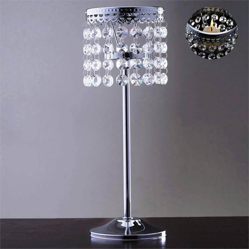 Crystal Beaded Chandelier Metal Candle Holder Silver - Sophisticated Pillar Tealight Stand 12" - Linen Luxes