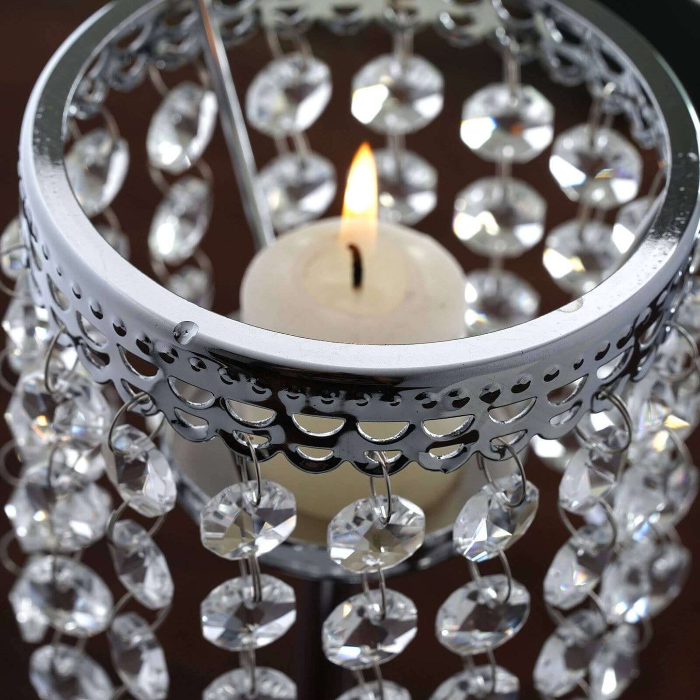 Crystal Beaded Chandelier Metal Candle Holder Silver - Sophisticated Pillar Tealight Stand 12" - Linen Luxes