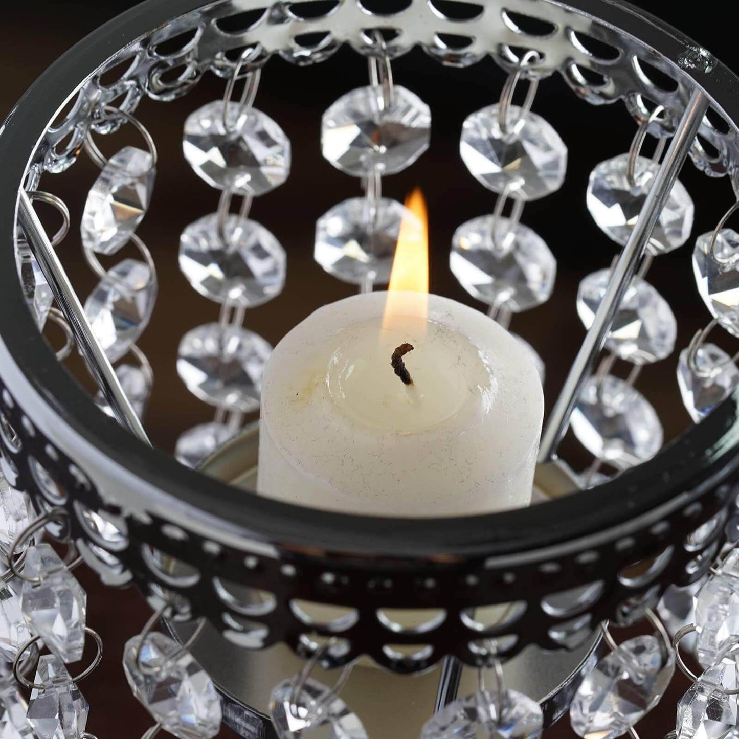 Crystal Beaded Chandelier Metal Candle Holder Silver - Stylish Tealight Stand for Decor 8" - Linen Luxes