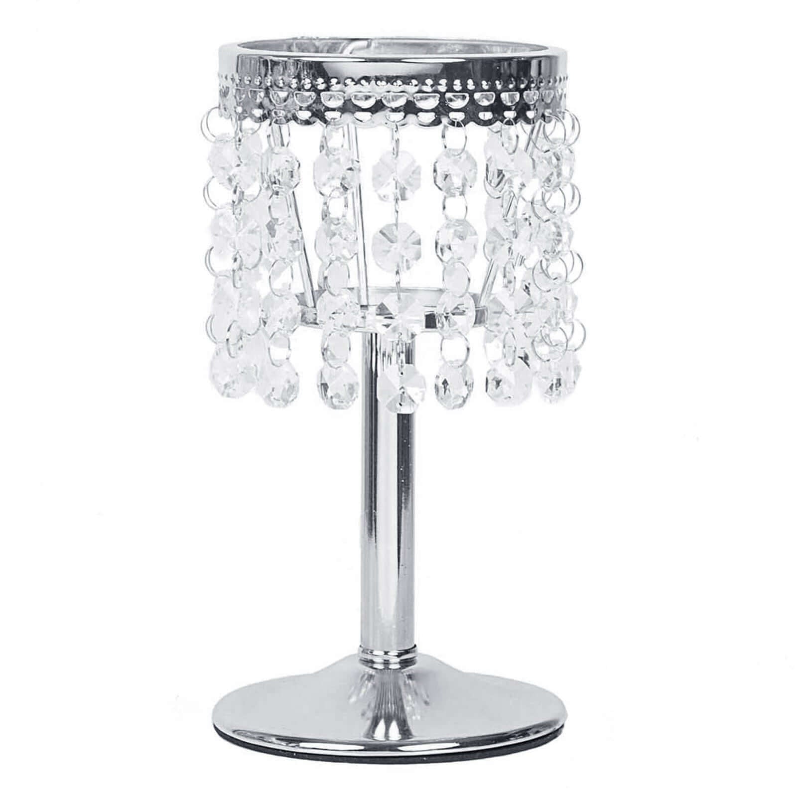 Crystal Beaded Chandelier Metal Candle Holder Silver - Stylish Tealight Stand for Decor 8" - Linen Luxes