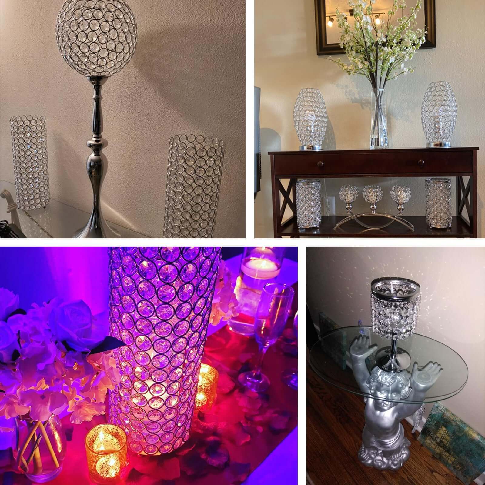 Crystal Beaded Chandelier Metal Candle Holder Silver - Stylish Tealight Stand for Decor 8" - Linen Luxes