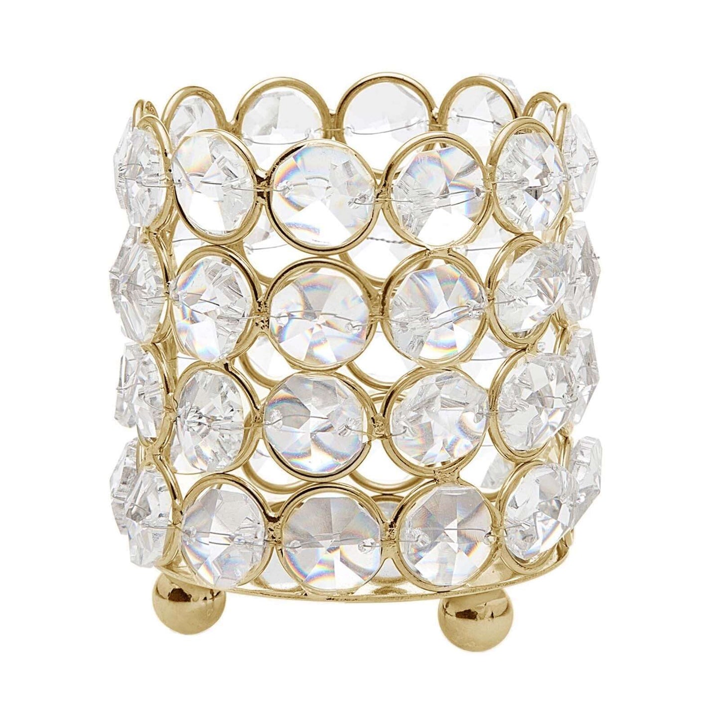 Crystal Beaded Metal Votive Tealight Holder Gold - Stylish Multipurpose Table Vase for Decor 4" - Linen Luxes