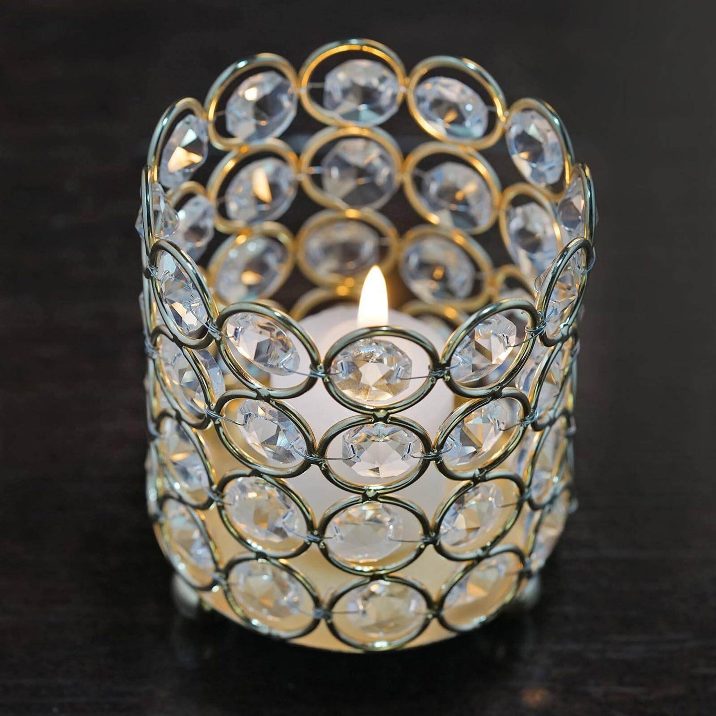 Crystal Beaded Metal Votive Tealight Holder Gold - Stylish Multipurpose Table Vase for Decor 4" - Linen Luxes