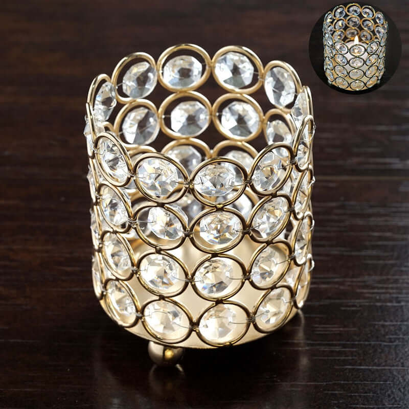 Crystal Beaded Metal Votive Tealight Holder Gold - Stylish Multipurpose Table Vase for Decor 4" - Linen Luxes
