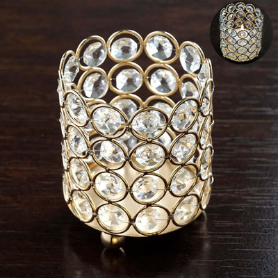 Crystal Beaded Metal Votive Tealight Holder Gold - Stylish Multipurpose Table Vase for Decor 4" - Linen Luxes