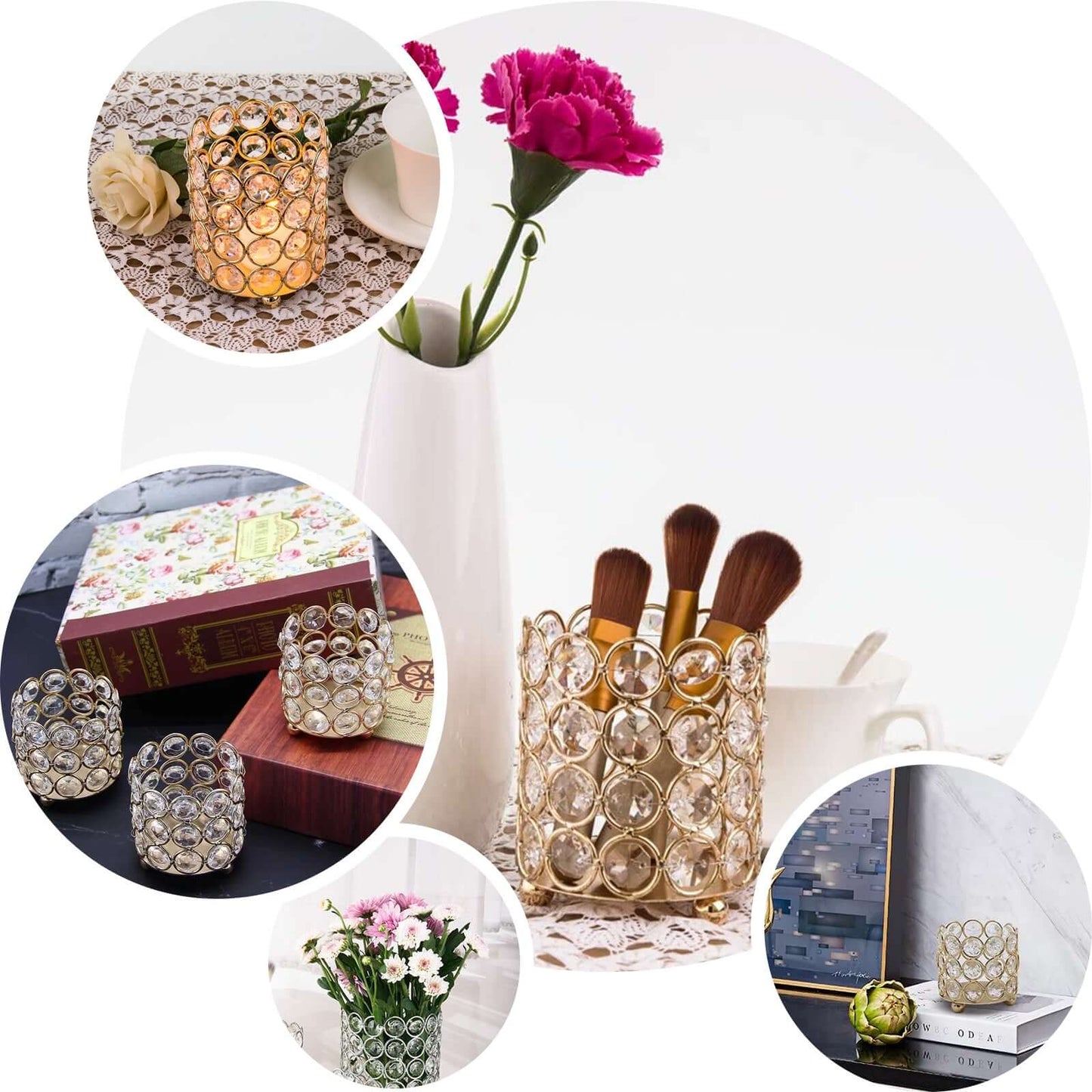 Crystal Beaded Metal Votive Tealight Holder Gold - Stylish Multipurpose Table Vase for Decor 4" - Linen Luxes