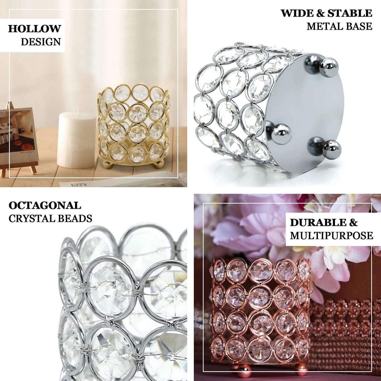 Crystal Beaded Metal Votive Tealight Holder Gold - Stylish Multipurpose Table Vase for Decor 4" - Linen Luxes
