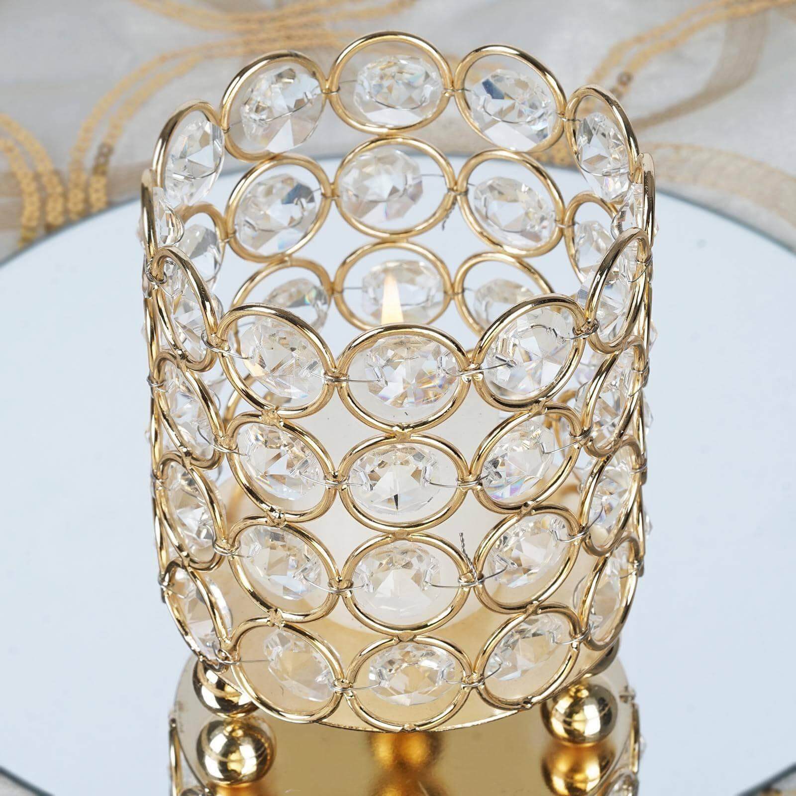 Crystal Beaded Metal Votive Tealight Holder Gold - Stylish Multipurpose Table Vase for Decor 4" - Linen Luxes