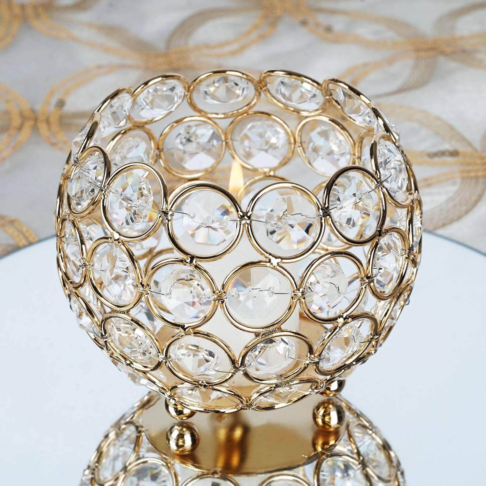 Crystal Beaded Metal Votive Tealight Holder Round Gold - Chic Multipurpose Table Vase for Events 4" - Linen Luxes