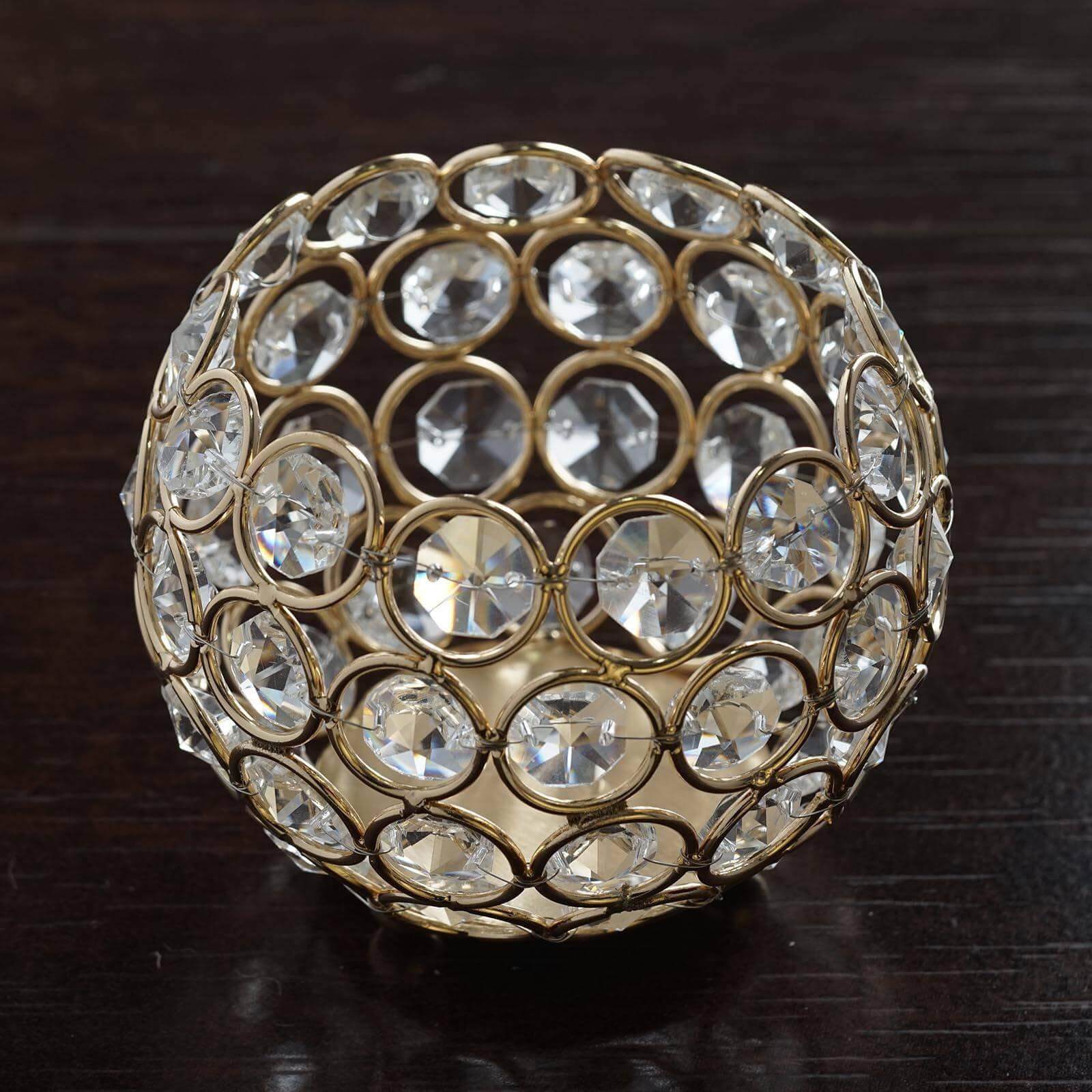 Crystal Beaded Metal Votive Tealight Holder Round Gold - Chic Multipurpose Table Vase for Events 4" - Linen Luxes