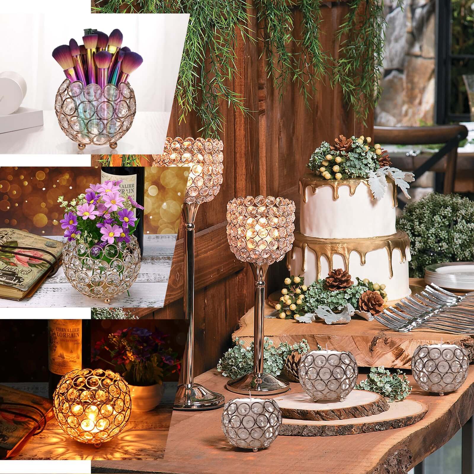 Crystal Beaded Metal Votive Tealight Holder Round Gold - Chic Multipurpose Table Vase for Events 4" - Linen Luxes