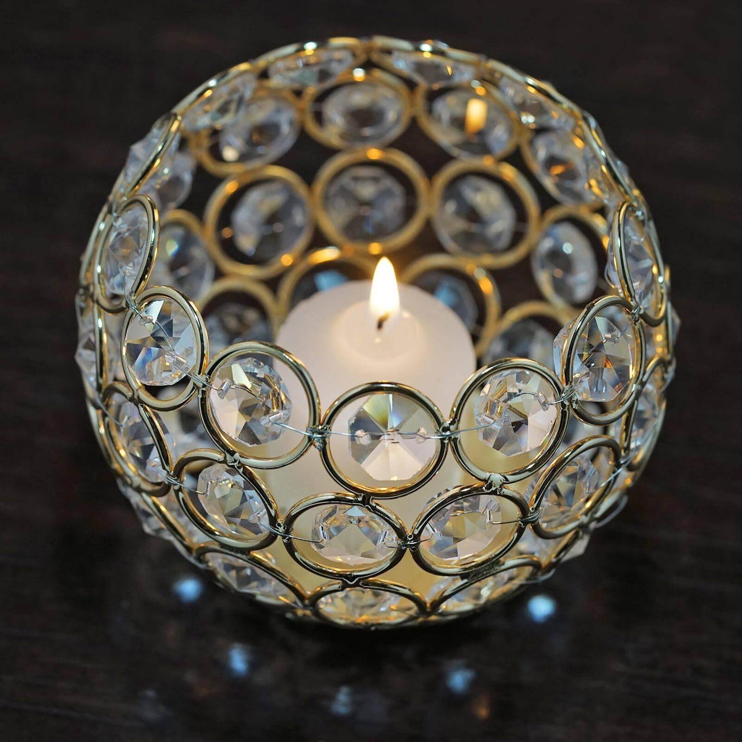 Crystal Beaded Metal Votive Tealight Holder Round Gold - Chic Multipurpose Table Vase for Events 4" - Linen Luxes