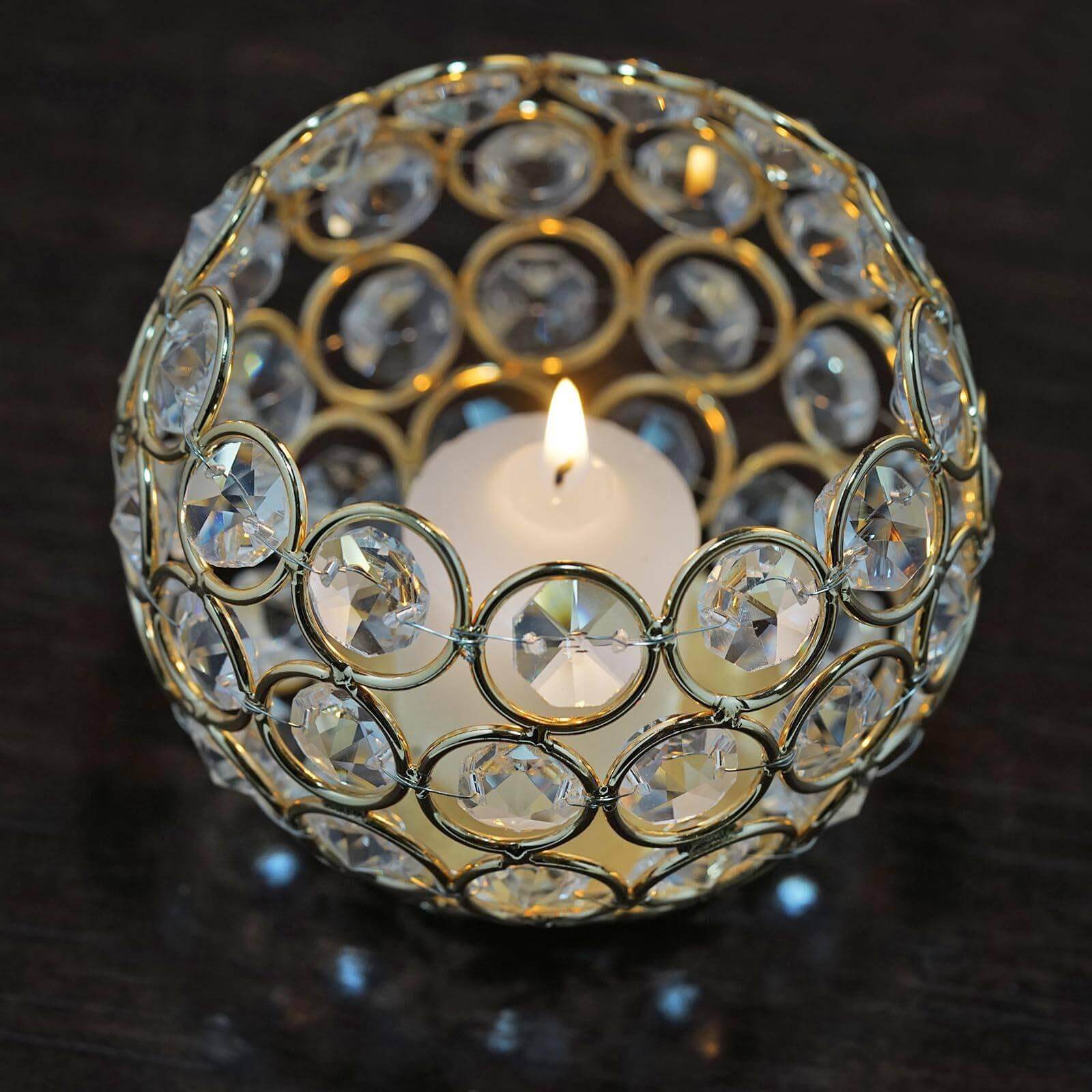Crystal Beaded Metal Votive Tealight Holder Round Gold - Chic Multipurpose Table Vase for Events 4" - Linen Luxes