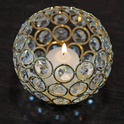 Crystal Beaded Metal Votive Tealight Holder Round Gold - Chic Multipurpose Table Vase for Events 4" - Linen Luxes