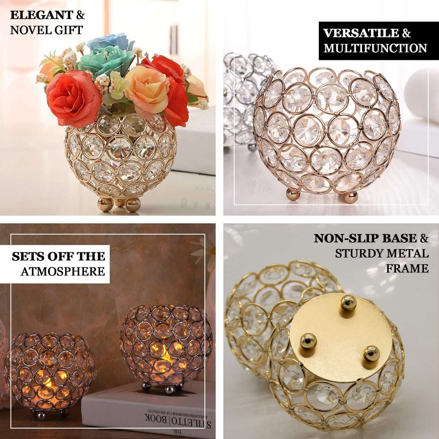 Crystal Beaded Metal Votive Tealight Holder Round Gold - Chic Multipurpose Table Vase for Events 4" - Linen Luxes