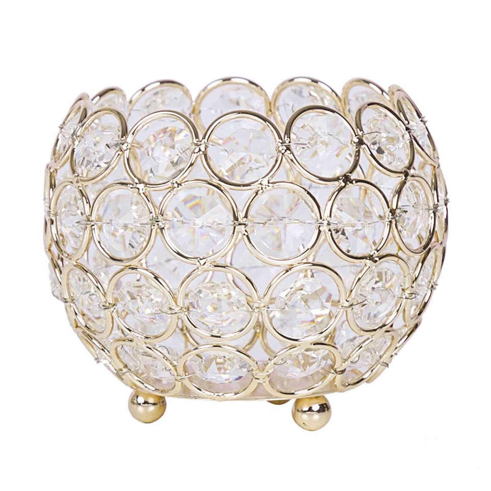 Crystal Beaded Metal Votive Tealight Holder Round Gold - Chic Multipurpose Table Vase for Events 4" - Linen Luxes