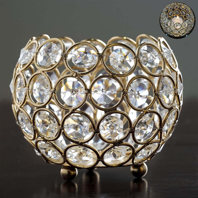 Crystal Beaded Metal Votive Tealight Holder Round Gold - Chic Multipurpose Table Vase for Events 4" - Linen Luxes