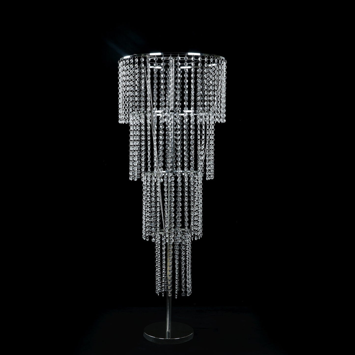 4ft Tall Event Centerpiece in Acrylic Clear Beaded Chandelier for Elegant Wedding & Party Table Decor, 4-Tier Round Metal Floral Stand