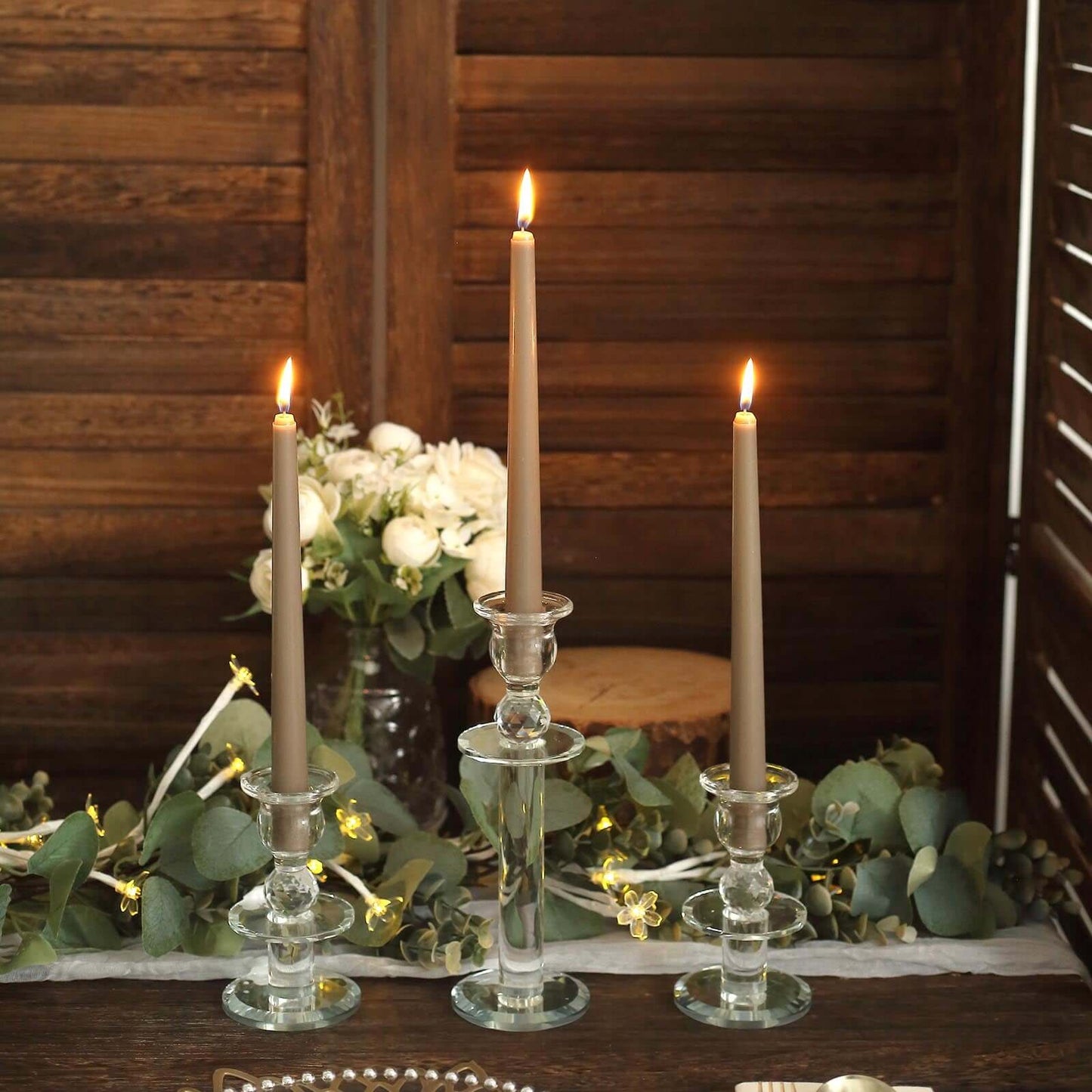 12-Pack Taper Candles Premium Wax Design Taupe - Unscented Candles for Upscale Settings 10"