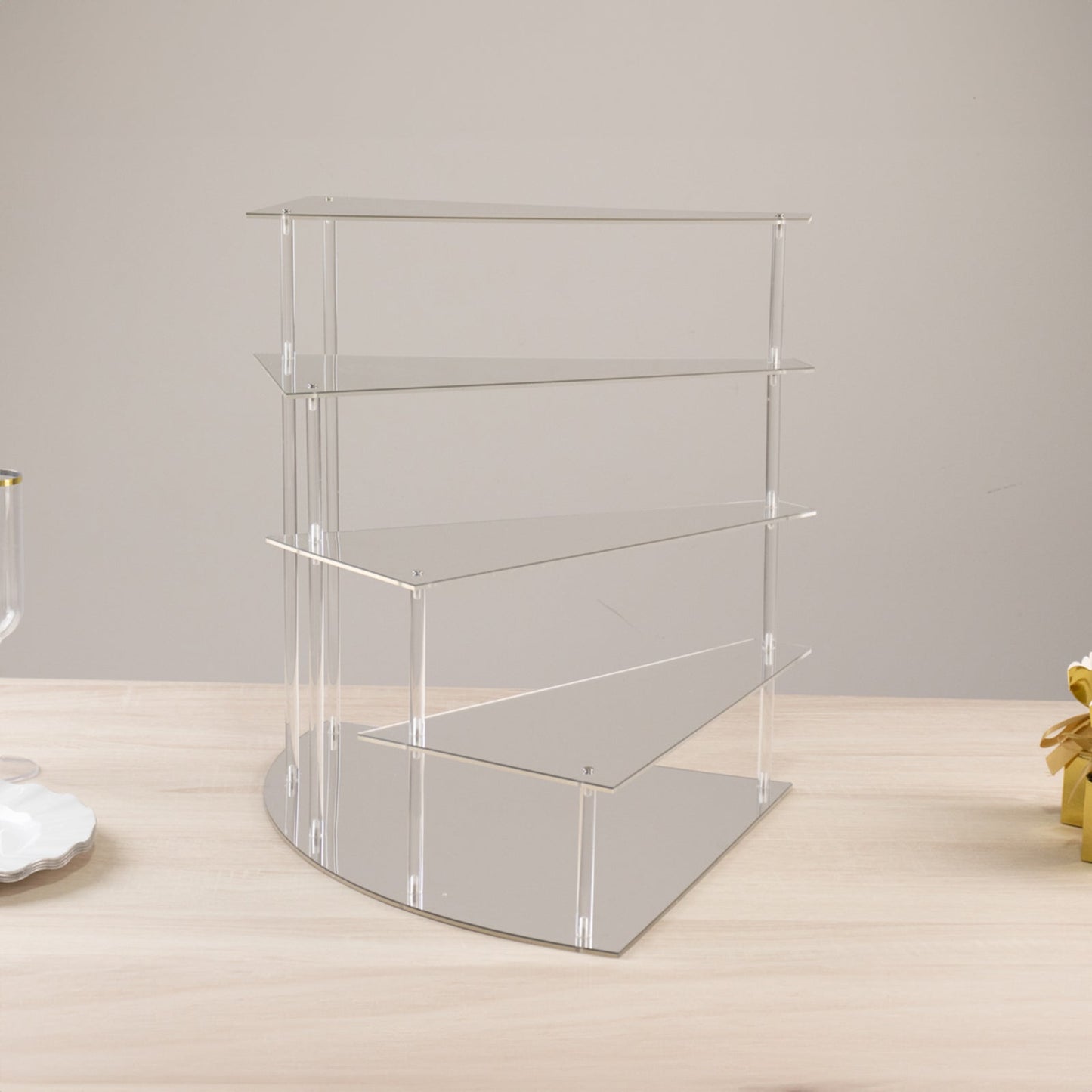 4-Tier Acrylic Cupcake Display Stand Silver Spiral Stairway Design - Stylish Reusable Multi Level Serving Tray Organizer Shelf Riser for Dessert Perfume Retail Jewelry & Collectibles 17"