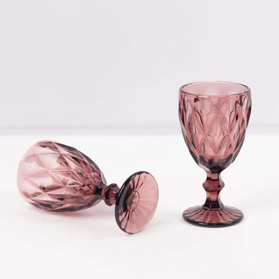 6-Pack Wine Glasses Dusty Rose Embossed Crystal Cut Design Stemmed - Colored Goblets for Parties & Events 12oz 7"