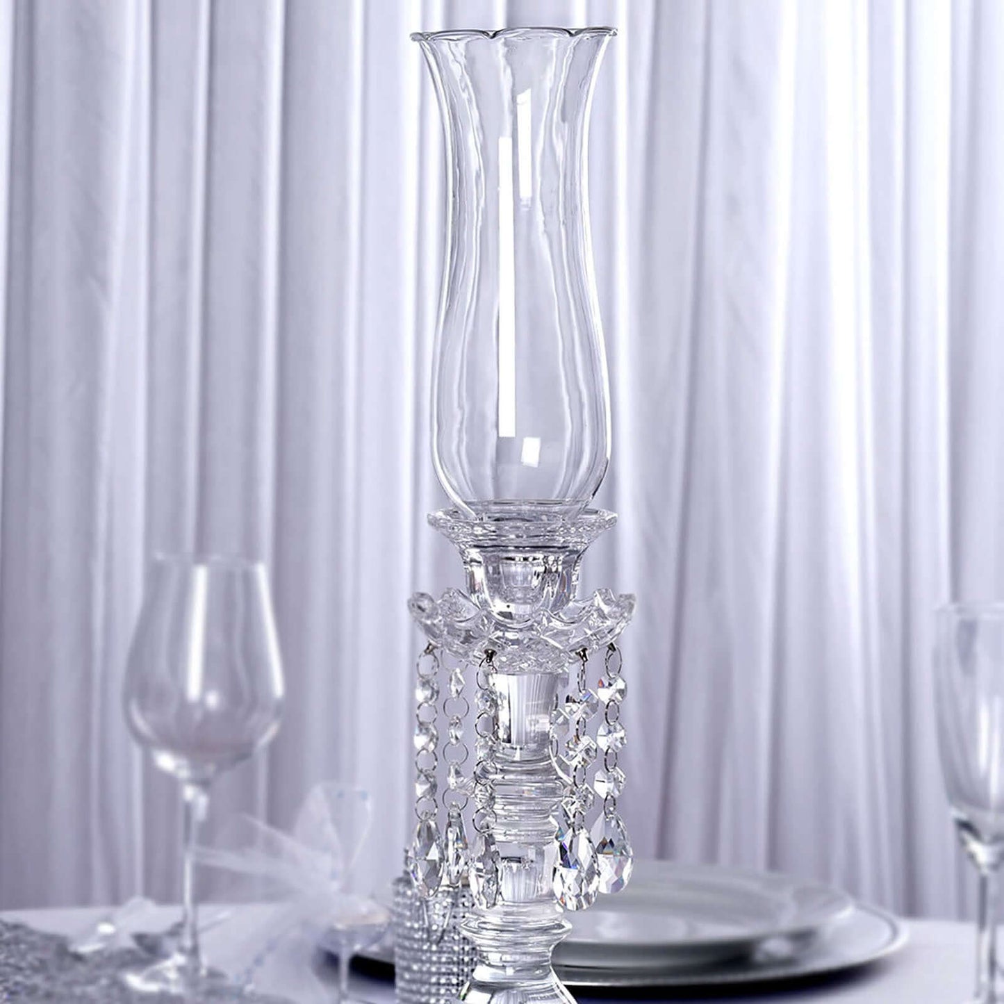 Crystal Glass Hurricane Candle Taper Candlestick Holder, Decorative Piece With Chandelier Chains 20" - Linen Luxes