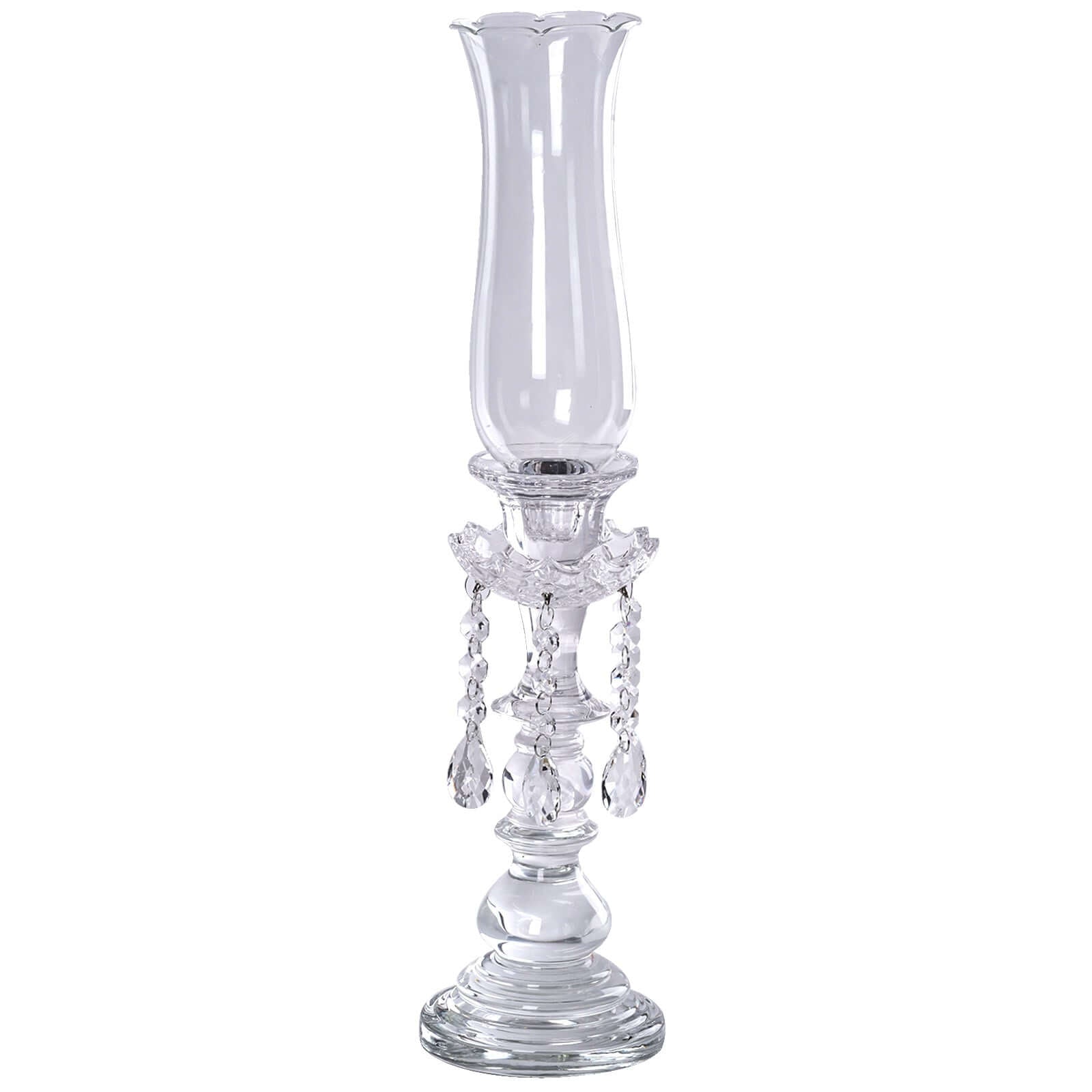 Crystal Glass Hurricane Candle Taper Candlestick Holder, Decorative Piece With Chandelier Chains 20" - Linen Luxes