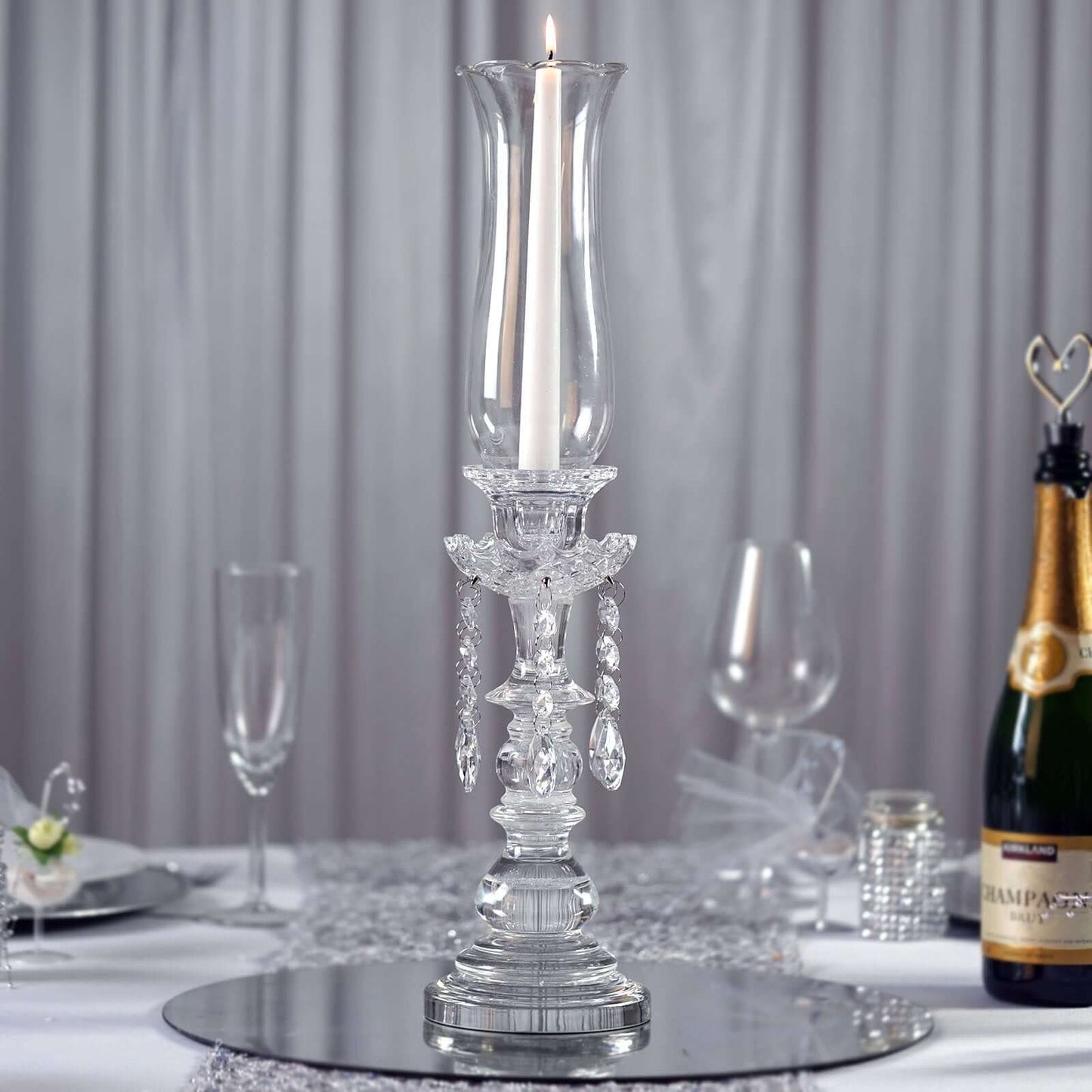 Crystal Glass Hurricane Candle Taper Candlestick Holder, Decorative Piece With Chandelier Chains 20" - Linen Luxes