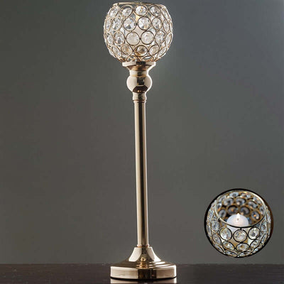 Crystal Votive Pillar Holder Metal 16" Gold - Chic Round Tealight Stand for Events - Linen Luxes