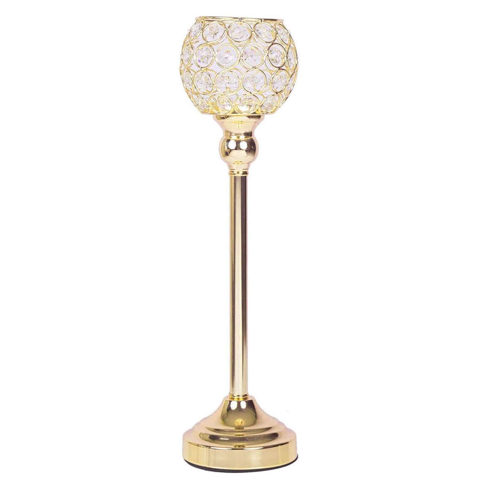 Crystal Votive Pillar Holder Metal 16" Gold - Chic Round Tealight Stand for Events - Linen Luxes