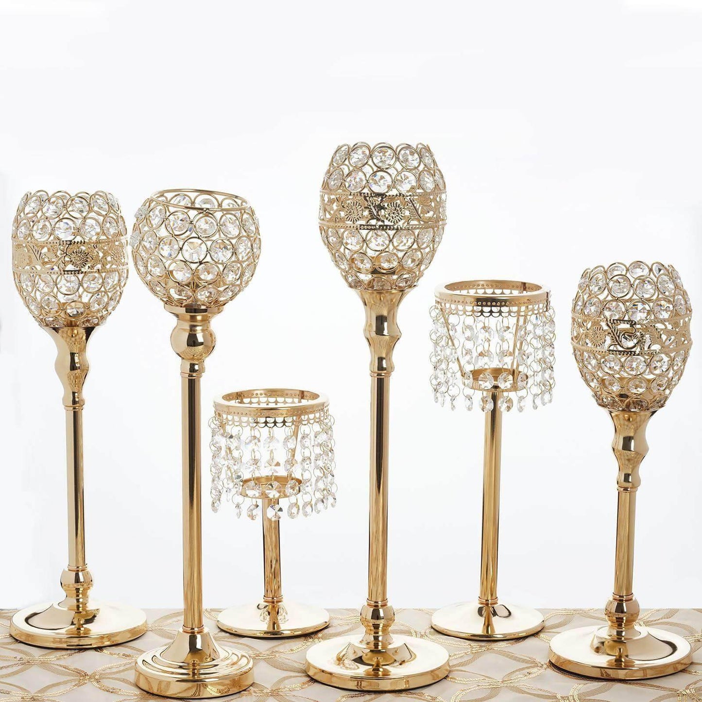 Crystal Votive Pillar Holder Metal 16" Gold - Chic Round Tealight Stand for Events - Linen Luxes