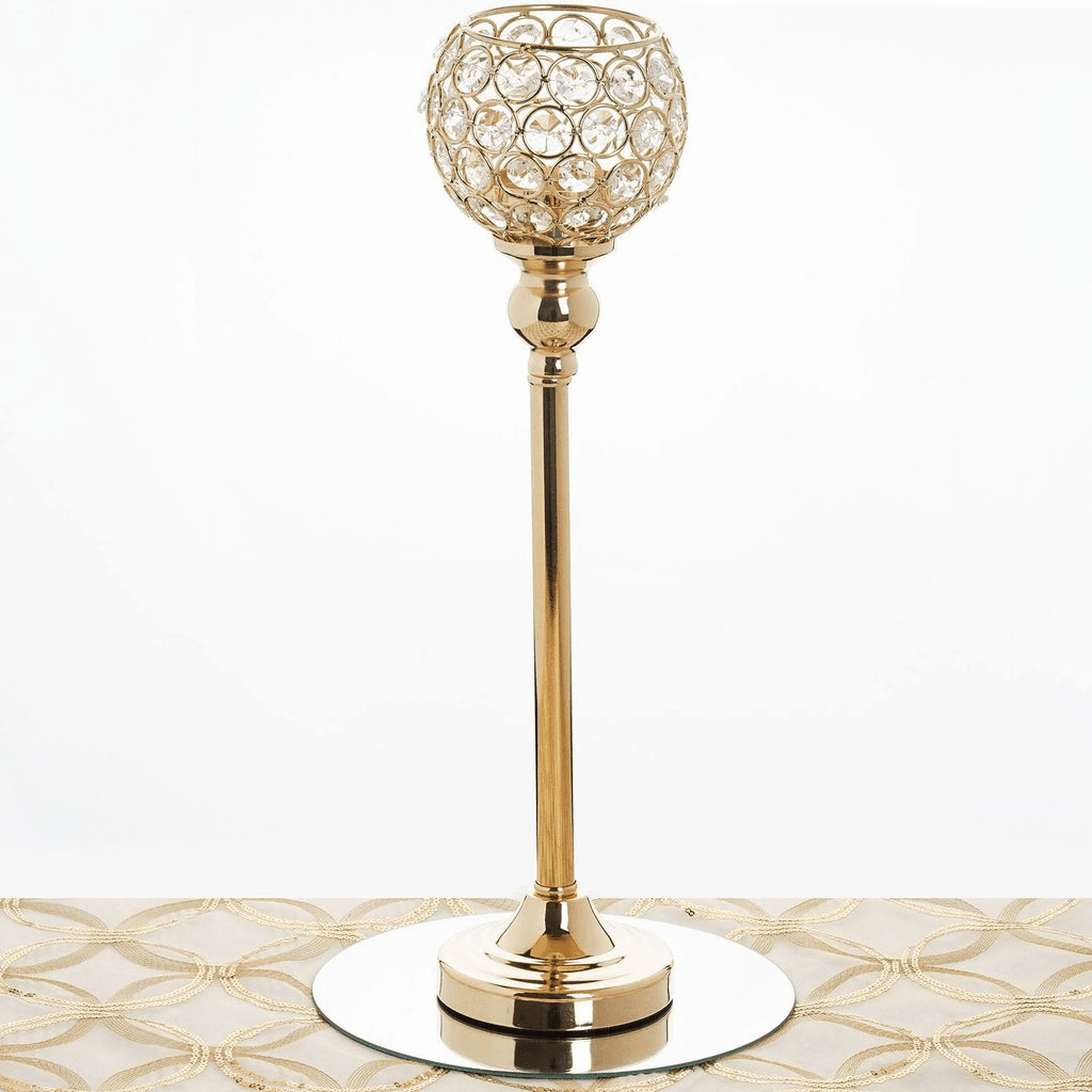 Crystal Votive Pillar Holder Metal 16" Gold - Chic Round Tealight Stand for Events - Linen Luxes